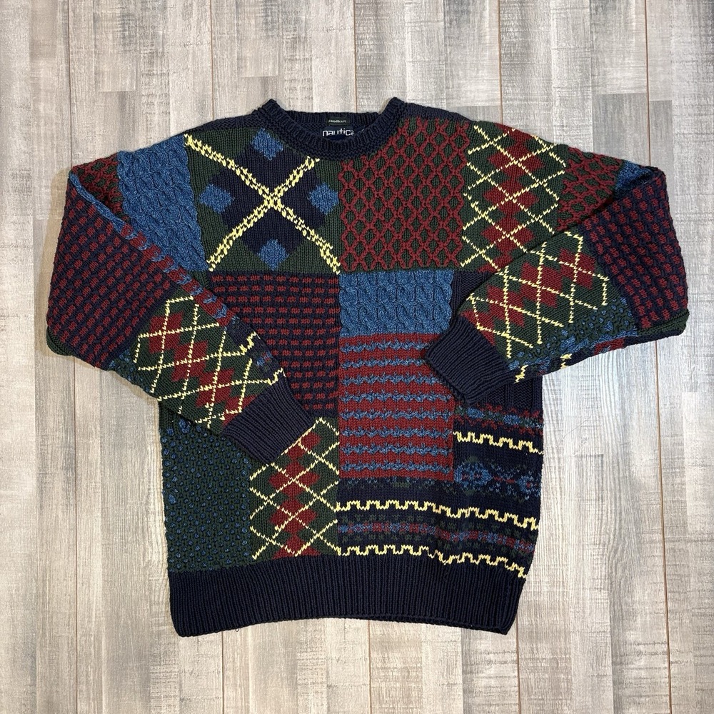 Vintage 90's Nautica Chunky Hand Knit Cotton Sweater Plaid Patchwork Mens Size M